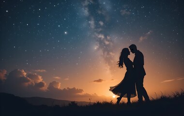Silhouette of a romantic couple slow dancing under a starlit sky, Romantic man and woman dancing, Silhouette of couple dancing