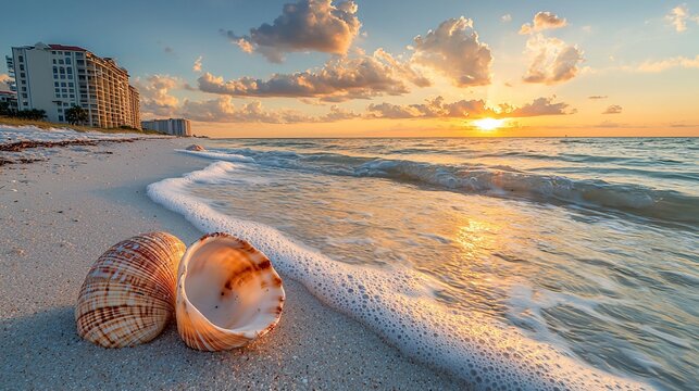 Seashells on beach at sunset, ocean waves, resort