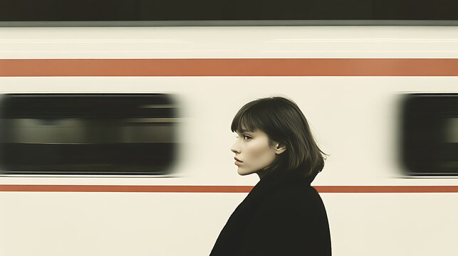 Woman walking at train station as a high-speed train zips by in a blur during daytime