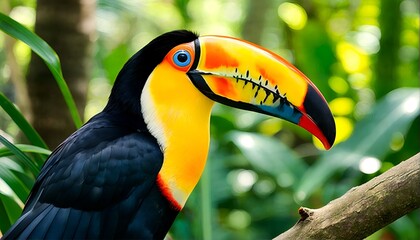 Obraz premium a close-up of a toucan perched on a tree branch with its beak facing to the left.