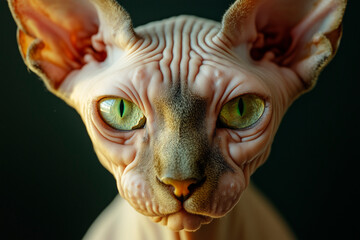 Obraz premium A Sphynx cat with wrinkled skin, large bat-like ears, intense blue eyes reflecting light, every fine detail of skin texture visible in ultra-HD