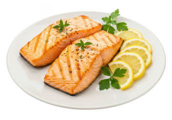 A plate of grilled salmon fillets with a golden crispy exterior and tender isolated on transparent background