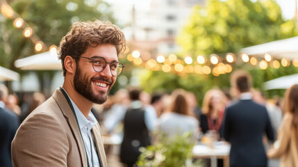 Workplace Diversity Job and Talent Acquisition, Smiling man at outdoor social event with string lights