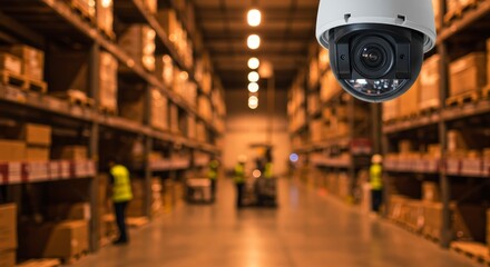 Warehouse Security Camera System - A security camera hangs above a busy warehouse, ensuring safety and security of inventory