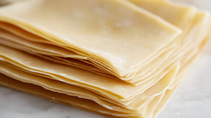 A close-up image of lasagna sheets, arranged neatly with slight overlapping, placed on a white surface to focus on their thin layers and smoothness.