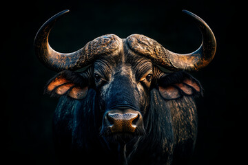 Naklejka premium A Water Buffalo with textured, leathery skin, massive curved horns highlighted against the darkness, deep soulful eyes full of wisdom