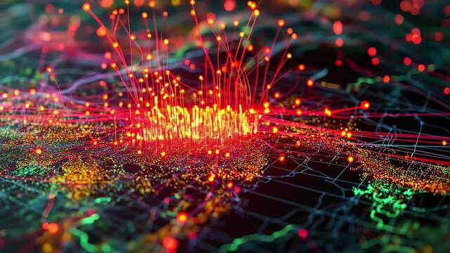 Visual representation of cyber attack connectivity across major urban centers during a simulated crisis, Network view of widespread cyber attack CGI