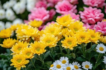 Vibrant Floral Arrangement with Bright Yellow Daisies, White Daisies, and Soft Pink Roses Against a Lush Green Background in Spring Season
