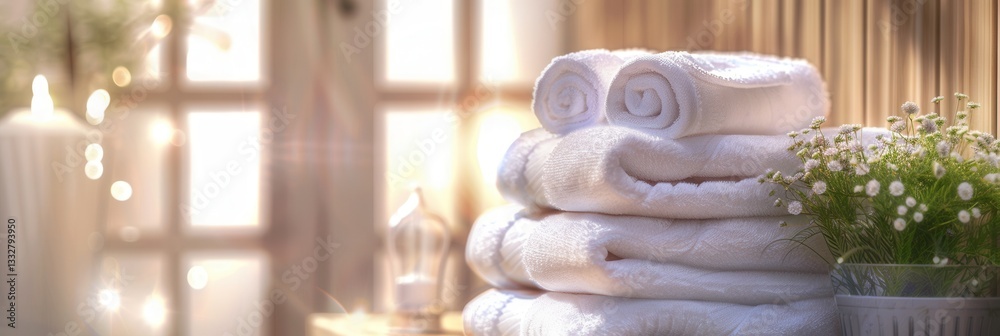 Poster cozy bathroom setup featuring neatly folded towels and a serene atmosphere ideal for hotels and spa 