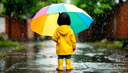 Child in Yellow Rain Gear Holding Colorful Umbrella While Walking in the Rain.