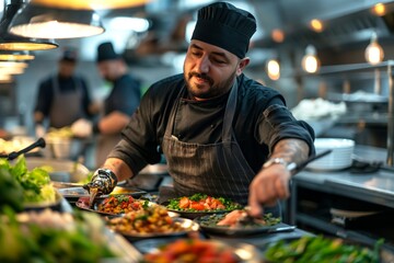 A skilled male chef delicately plates colorful dishes in a bustling kitchen, showcasing fresh ingredients and culinary expertise.