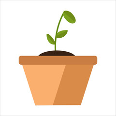 A small seedling grows in a terracotta pot, a vector illustration isolated on white. Isolated vector graphic of a small plant in a terracotta pot, showing new growth and concept of spring and starting