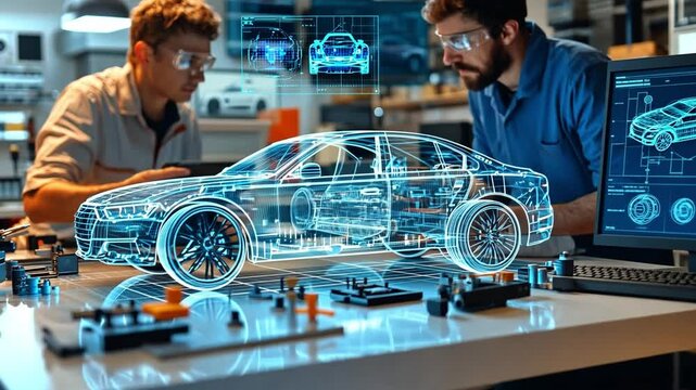 Engineers collaborate on innovative automotive design using advanced technology and holograms