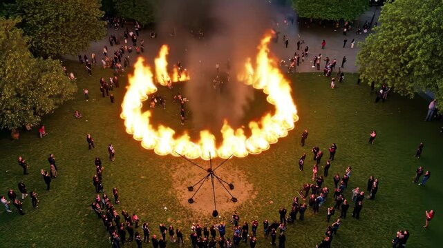 Spectacular flame show captivates crowd in park during evening event, Flame show in park with crowd high, drone shot