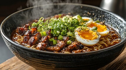 Steaming ramen bowl, pork, egg, green onions, wood background, food blog