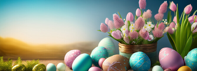 Easter's Day background thematic with eggs and flowers