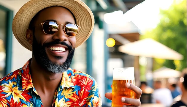 A man wearing sunglasses and a Hawaiian shirt sitting outside holding a glass of beer.