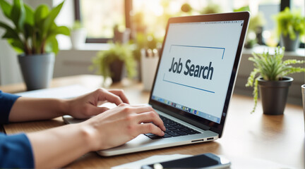 Fototapeta premium Laptop with Job Search Display – Modern Workspace with Greenery for Job Recruitment Fair Promotions 