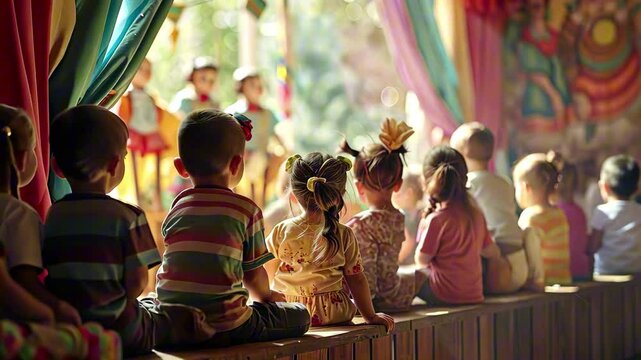 Group of children sitting on wooden benches, watching a colorful puppet show in an outdoor setting with soft golden sunlight, evoking childhood wonder and storytelling magic