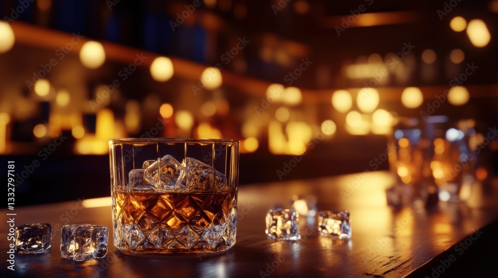 Poster Premium whiskey served with crystal glasses and ice in a luxurious bar counter setting Generative AI