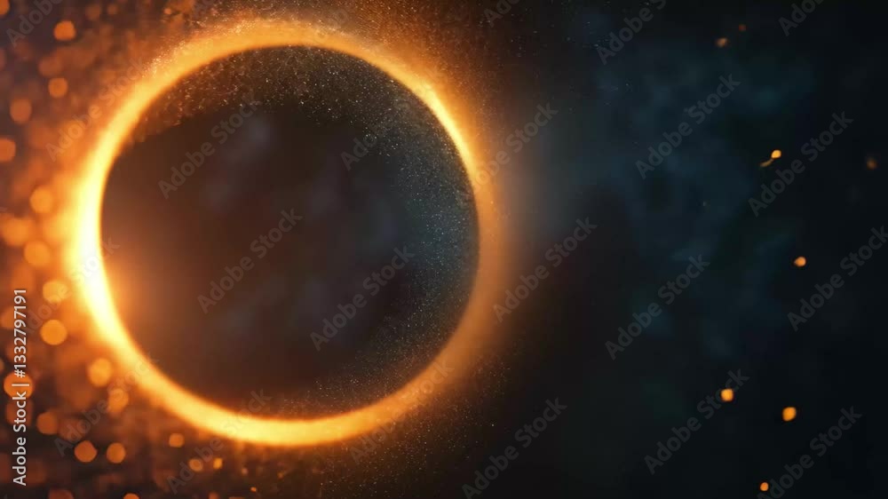 Fototapete Particles flowing outward from a luminous circular shape in a dark environment, Particles flow out from a circular shape
