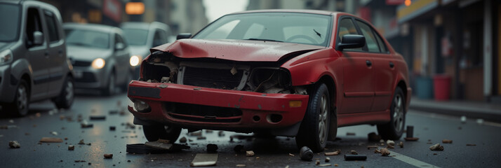 Fototapeta premium Wrecked Car After Collision – Urban Road Accident Scene for Insurance Renewal and Road Safety Awareness 