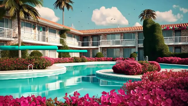 Summer hotel with pool in vaporwave style, pink and blue colors
