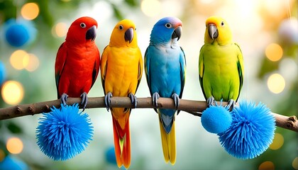 A photograph of five colorful parrots perched on a branch with blue Christmas ornaments hanging from it.