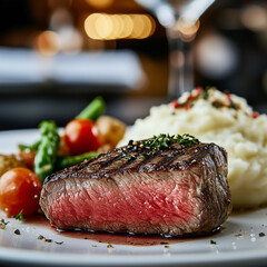 Juicy thick slice of New York steak with mashed potatoes and vegetables  