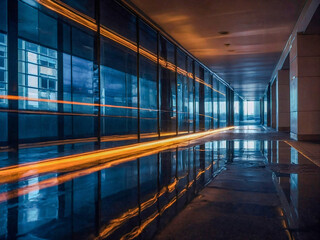 City reflections and motion, abstract reflections in a corridor with vibrant light streaks