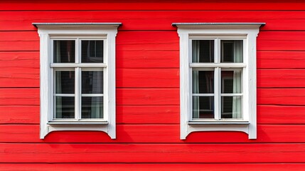 Fototapeta premium Bright red wooden wall with two white-framed windows showcasing classic design elements in a charming local neighborhood