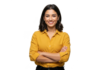 A confident and smiling woman stands with her arms crossed isolated on transparent background