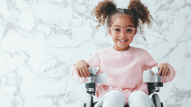 Joyful child in wheelchair with curly hair and glasses against marble background