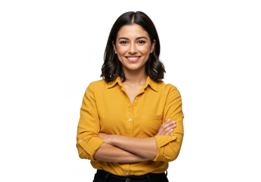 A confident and smiling woman stands with her arms crossed isolated on transparent background
