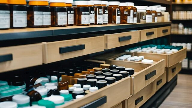 Medicines in a pharmacy drawer.