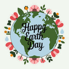 Happy Earth Day Vector Design with Floral Elements Surrounding Planet, Eco-Friendly Theme