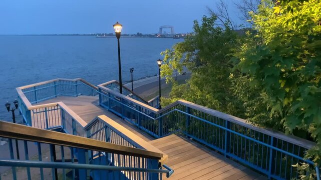 Stairway in Duluth, Minnesota leading the eye to the Aerial Lift Bridge