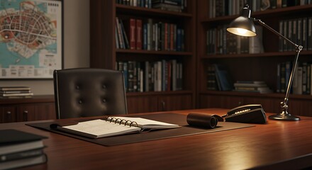 Open Notebook on Wood Desk with Bookshelf and Lamp