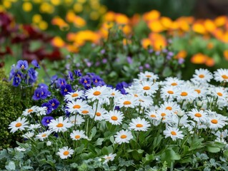 Obraz premium Vibrant Floral Arrangement with White Daisies and Colorful Blooms in a Lush Garden Setting During Spring Season
