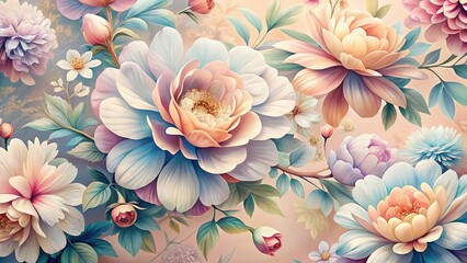 Serene Floral Wallpaper: Soft Pastel Flower Background, Elegant Botanical Design, Large Petals, Muted Hues, Calm Nature
