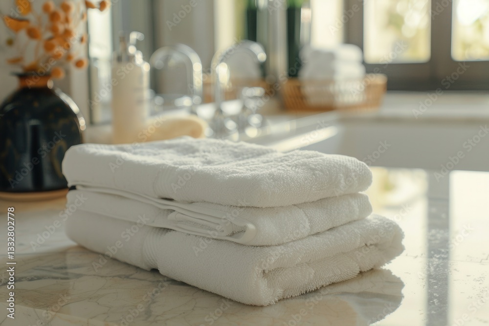 Aufkleber Neatly folded towels placed on a bathroom counter create a cozy and clean atmosphere, perfect for hotels and spa salons Generative AI