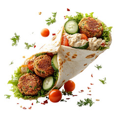 Fresh Falafel Wrap with Hummus Cucumbers and Tomato Isolated on Transparent Background