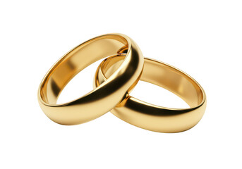 A pair of intertwined gold wedding bands with a polished reflective surface isolated on transparent background