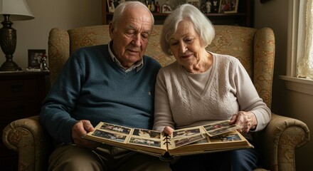 Senior Couple Sharing Memories Looking at Old Photo Album Together at Home
