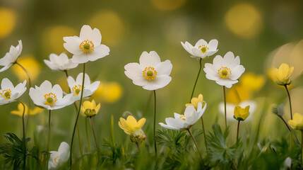 Obraz premium Close-up of white wildflowers with yellow centers, set against a blurred green background, conveying serenity and natural beauty, ideal for spring or nature themes