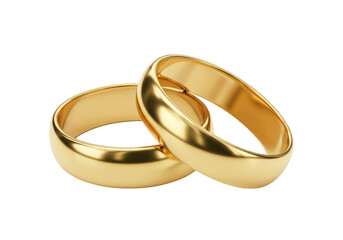 A pair of intertwined gold wedding bands with a polished reflective surface isolated on transparent background