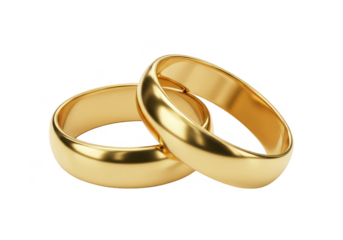 A pair of intertwined gold wedding bands with a polished reflective surface isolated on transparent background