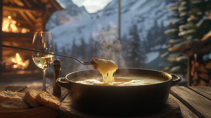 Bubbling cheese fondue with bread and wine in a cozy chalet  