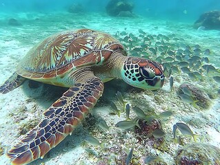 A large sea turtle swims near numerous small fish underwater
