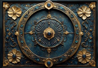 Obraz premium Ornate Decorative Panel with Circular Floral Motifs and Gem Accents in Gold and Teal